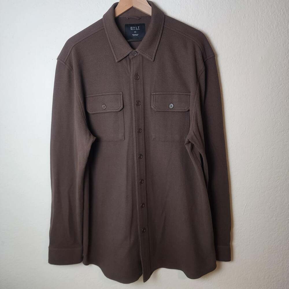 BYLT Premium Basics Shirt Mens 2XL Brown Long Sleeve Button Up Overshirt Casual